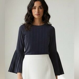 Zara dk blue/red vertical lines blouse; pleated lower sleeves,side neck button,S